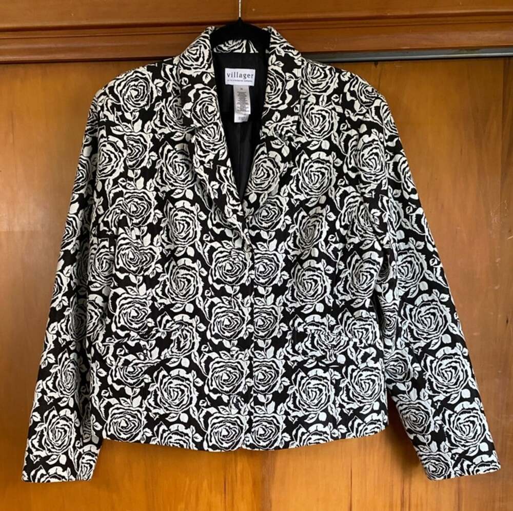 Black White Floral Rose Print Blazer Jacket Flap Pocket Lined Event Cotton Blend
